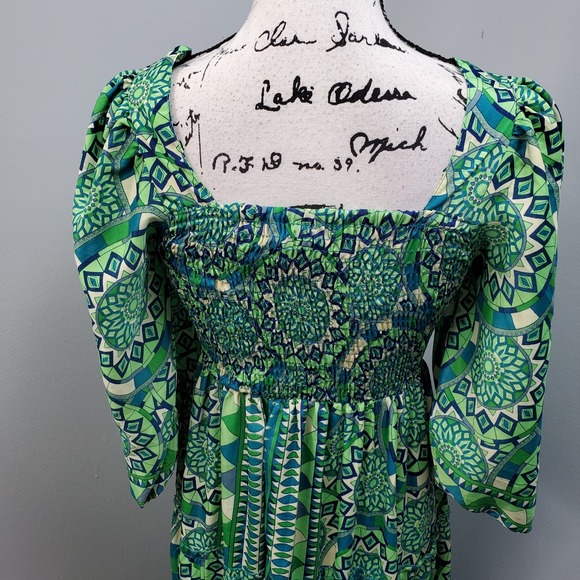 Me 2 Magic Maxi Dress Womens S Multi Boho Tropical Floral Tiered Smocked Chest - Picture 7 of 10